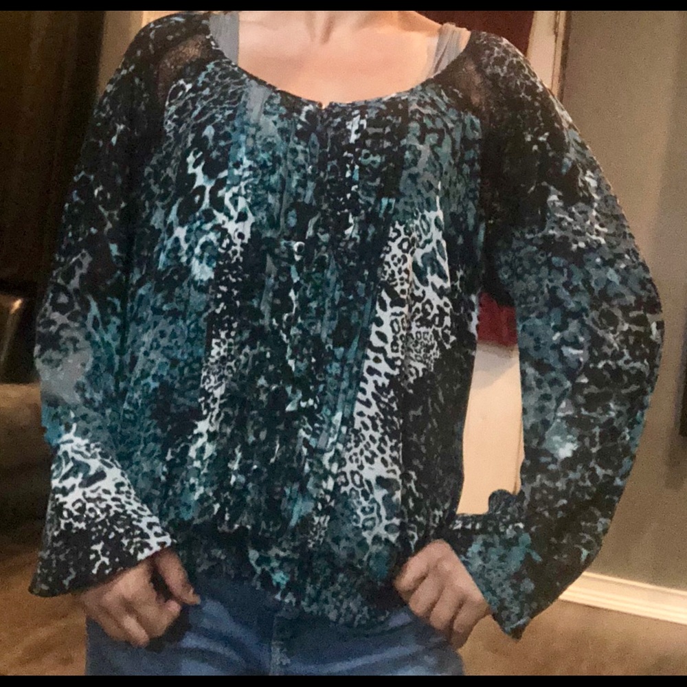 Guess Sheer 6 Button Blouse Large Black Teal White